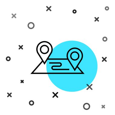 Siyah çizgi rota simgesi beyaz arkaplanda izole edildi. Harita işaretçisi işareti. Yol ya da yol kavramı. GPS navigatörü. Rastgele dinamik şekiller. Vektör