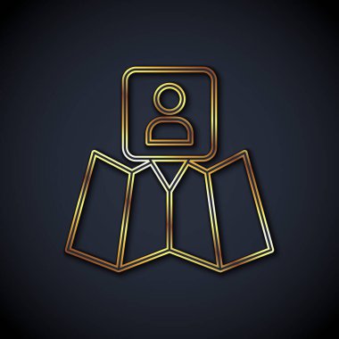 Siyah arkaplan üzerinde konum belirleyici simgesi olan altın çizgili harita. Vektör