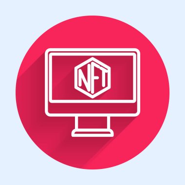 Sanat mağazası uygulama simgesine sahip beyaz çizgi monitörü uzun gölge arkaplanı ile izole edilmiş. Şifreli para için NFT jetonu satma teknolojisi. Finansal olmayan sembol konsepti. Kırmızı daire düğmesi. Vektör