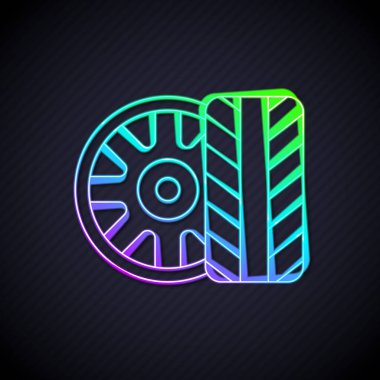 Parlak neon çizgili araba tekerleği simgesi siyah arka planda izole edildi. Vektör