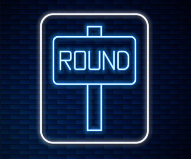 Parlayan neon hattı boks şeması simgesi tuğla duvar arka planında izole edildi. Vektör