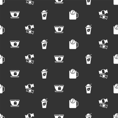 Çay saatini ayarla, Candy, çay poşeti ve yapraklı fincanı kusursuz yap. Vektör