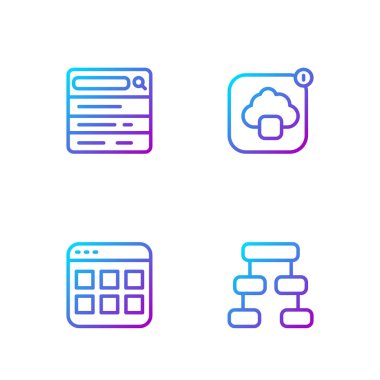 Hiyerarşi organizogram şeması, tarayıcı dosyaları, arama motoru ve bulut teknoloji veri transferini ayarla. Renk simgeleri. Vektör