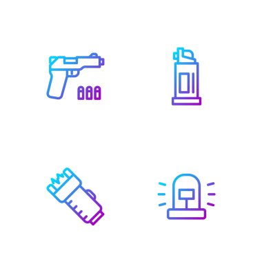 Flasher sireni, polis elektrik şoku, tabanca ya da silah ve biber gazı ayarlayın. Renk simgeleri. Vektör