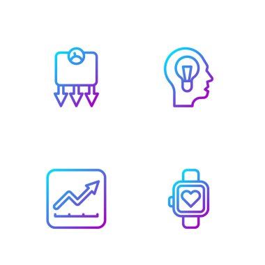 Akıllı saat, finansal büyüme artışı, kilo kaybı ve ampullü insan. Renk simgeleri. Vektör