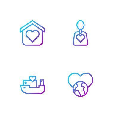 Aşk, İnsani Yardım Gemisi, Evsizler ve Gönüllüler İçin Sığınak. Renk simgeleri. Vektör