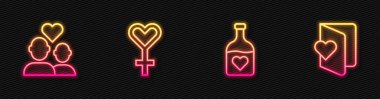 Aşk iksiri, aşk iksiri, kadın cinsiyeti sembolü ve Sevgililer Günü broşürü. Parlayan neon ikonu. Vektör