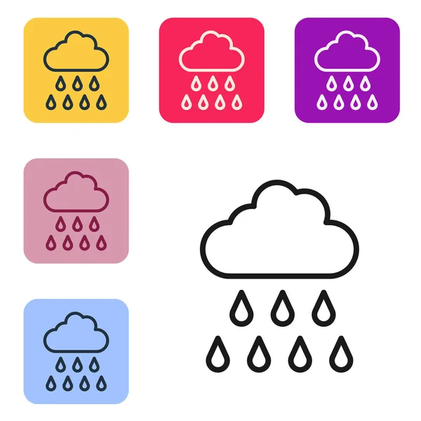 黑线云与雨图标隔离在白色背景 雨云降水与雨滴 在彩色正方形按钮中设置图标 — 图库矢量图片