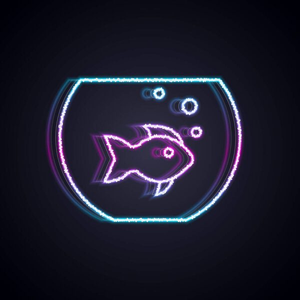 Glowing neon line Aquarium with fish icon isolated on black background. Round glass aquarium. Aquarium for home and pets.  Vector