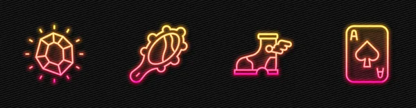 设置线Hermes鞋 魔法石 手镜和扑克牌 发光的霓虹灯图标 — 图库矢量图片
