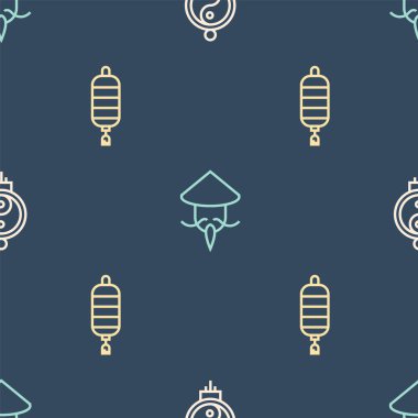 Çin kağıt feneri ve Asya ya da konik hasır şapkayı pürüzsüz desene göre ayarla. Vektör