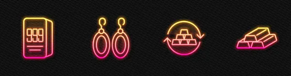设置行黄金兑换货币 条24K 耳环和 发光的霓虹灯图标 — 图库矢量图片