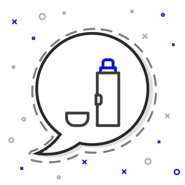 Beyaz arkaplanda çizgi termos konteynırı simgesi izole edildi. Termo matara ikonu. Kamp ve yürüyüş ekipmanları. Renkli taslak konsepti. Vektör