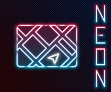 Siyah arkaplanda izole edilmiş harita simgesiyle parlayan neon hattı GPS cihazı. Renkli taslak konsepti. Vektör