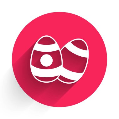 Beyaz Paskalya yumurtası ikonu uzun gölgeli izole edilmiş. Mutlu Paskalyalar. Kırmızı daire düğmesi. Vektör.