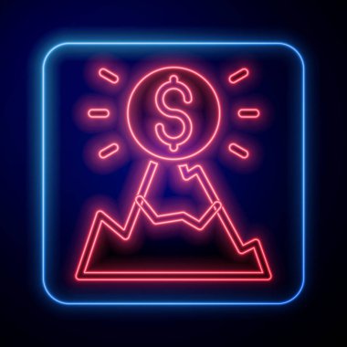 Üzerinde bayrak olan parlak neon dağları siyah arkaplanda izole edilmiş. Zaferin ya da başarının sembolü. Gol başarısı. Vektör.