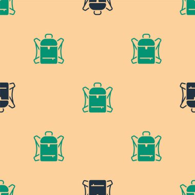 Yeşil ve siyah Yürüyüş sırt çantası simgesi bej arka planda izole edilmiş pürüzsüz desen. Kamp ve dağ gezisi sırt çantası. Vektör