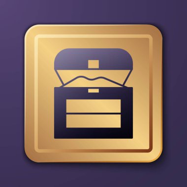 Mor Antika hazine sandığı simgesi mor arka planda izole edilmiş. Altın sikkeli klasik tahta sandık. Altın kare düğme. Vektör