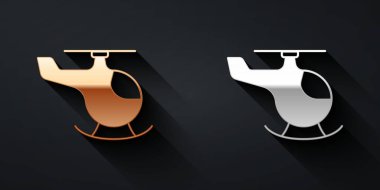 Siyah zemin üzerinde altın ve gümüş helikopter araç ikonu izole edildi. Uzun gölge tarzı. Vektör