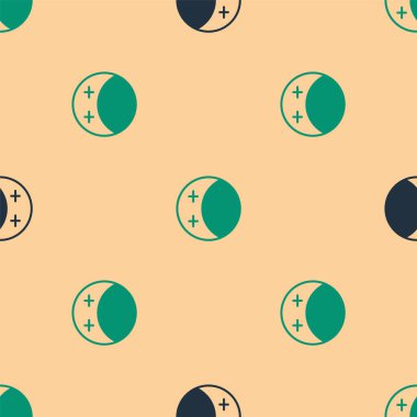 Güneş ikonunun yeşil ve siyah tutulması bej arkaplandaki kusursuz deseni izole etti. Tam sonar tutulması. Vektör