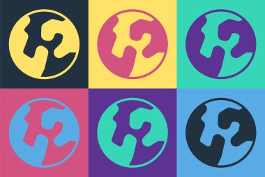 Pop Art Earth dünya ikonu renk arkaplanında izole edildi. Dünya ya da Dünya işareti. Küresel internet sembolü. Geometrik şekiller. Vektör
