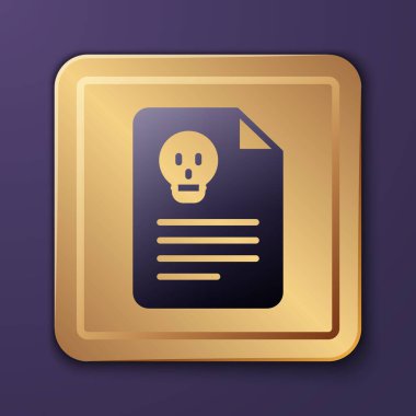 Mor Radyasyon uyarı belgesi simgesi mor arkaplanda izole edildi. Metin dosyası. Altın kare düğme. Vektör
