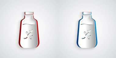 Kağıt kesiği, gri arka planda izole edilmiş temel yağ şişesi simgesi. Organik aromaterapi özü. Cilt bakımı serumu cam bırakma paketi. Kağıt sanatı tarzı. Vektör