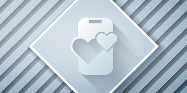 Kağıt kesme uygulaması gri arka planda izole edilmiş çevrimiçi mobil konsept simgesi. Kadın erkek profili düz tasarım. Çift ilişki için eşleşiyor. Kağıt sanatı tarzı. Vektör