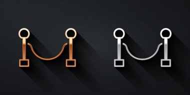 Altın ve gümüş bariyer simgesi siyah arka planda izole edildi. VIP etkinliği, lüks kutlama. Ünlüler partisi girişi. Uzun gölge tarzı. Vektör