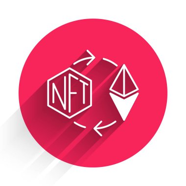 Beyaz Ethereum değiş tokuşu NFT simgesi uzun gölge arkaplanı ile izole edilmiş. Para iadesi olmayan jeton. Dijital kripto sanat konsepti. Kırmızı daire düğmesi. Vektör