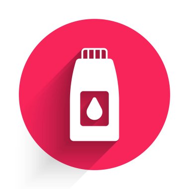 Motor makine yağı ikonu için beyaz teneke kutu uzun gölgeli arka plan. Benzin bidonu. Yağ değiştirme ve onarım servisi. Kırmızı daire düğmesi. Vektör