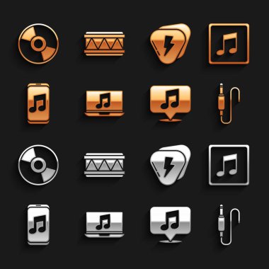 Dizüstü bilgisayarı müzik notası, nota, ton, ses kriko, konuşma balonu, oyuncu, Gitar seçimi, CD veya DVD diski ve Davul simgesiyle ayarla. Vektör