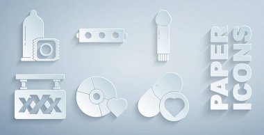 Set Adult label on compact disc, Dildo vibrator, Sex shop, Pills for potency, aphrodisiac, Silicone ball gag with belt and Condom icon. Vector
