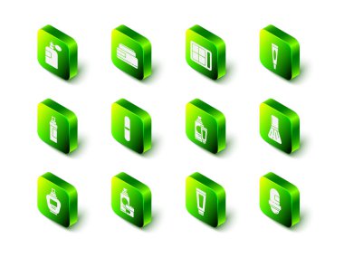 Krem veya losyon kozmetik tüpü, göz farı paleti, makyaj fırçası, terleme önleyici deodorant rulosu ve ikon. Vektör