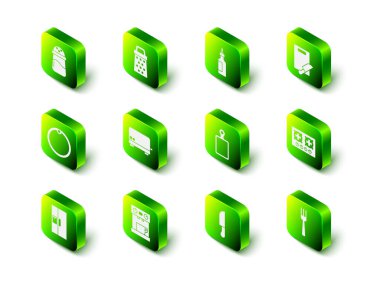 Grater, bir şişe zeytinyağı, kesme tahtası ve bıçak, gaz sobası, çatal, bıçak ve kahve makinesi ikonu. Vektör