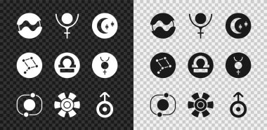 Set Gezegeni, Sembol Plüton, Ay ve yıldızlar, Güneş Sistemi, Güneş, Uranüs, Büyük Ayı Takımyıldızı ve Terazi burç simgesi. Vektör