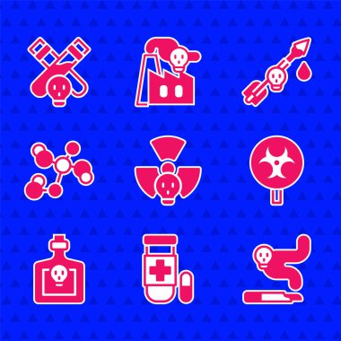 Radyoaktif, Panzehir, Sigara, Biyolojik Tehlike sembolü, İksirli Şişe, Kimyasal Formül, Oku ve Simgeyi Zehirle. Vektör