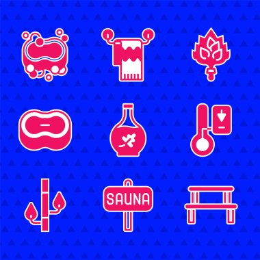 Temel yağ şişesi, sauna, ahşap bank, termometre, bambu, sabun, süpürge ve ikon. Vektör