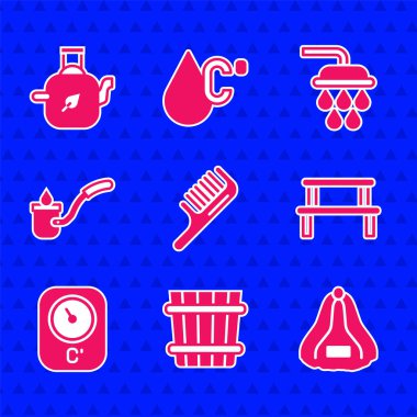 Saç fırçası, sauna kovası, şapka, ahşap bank, termometre, kepçe, duş ve yaprak ikonlu çaydanlık. Vektör