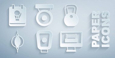 Boks antrenman patilerini, ağırlığı, kum torbasını, yüzüğü, gongu ve eldiven ikonunu hazırla. Vektör