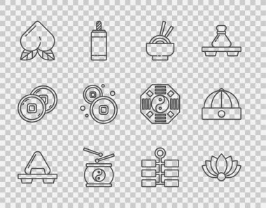 Suşi, nilüfer çiçeği, Asya erişte kasesi, Çin davulu, şeftali meyvesi, Yuan parası, havai fişek ve şapka ikonu. Vektör