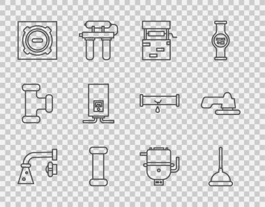 Hat musluğu, lastik pompa, endüstriyel metalik boru, kanalizasyon kapağı, kızgın gaz kazanı, su ve ikonu ısıtmak için elektrik. Vektör