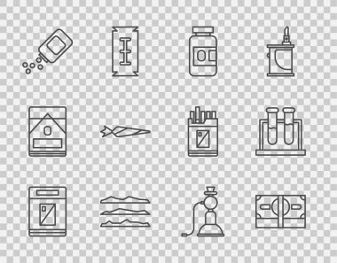 Sıraya dizilmiş sigara paketleri, deste deste kağıt para, ilaç şişesi ve haplar, kokain veya eroin ilacı, marihuana dükkanı, nargile ve deney tüpü ikonu. Vektör