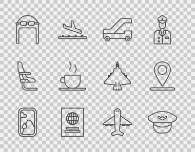 Çizgi uçak penceresi, Pilot şapkası, yolcu merdiveni, pasaport, gözlüklü pilot, kahve fincanı, uçak ve konum simgesi. Vektör