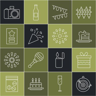 Klasik dart tahtası ve ok, hediye kutusu, pasta, bayraklı karnaval çelengi, bayram konfetisi, tebrik kartı, fotoğraf makinesi ve havai fişek ikonu. Vektör