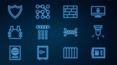 Hat güvenli, hareket sensörü, tuğla, şifre koruması, kurşun geçirmez yelek, kalkan, dikenli tel ve grafik şifre simgesi. Vektör