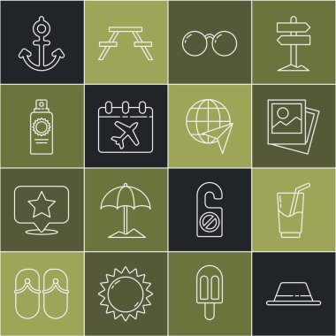 Kurdeleli çizgi adam şapkası, kokteyl ve alkol içeceği, Fotoğraf, Gözlük, Takvim uçağı, Güneş kremi spreyi şişesi, Anchor ve Globe ikonu. Vektör