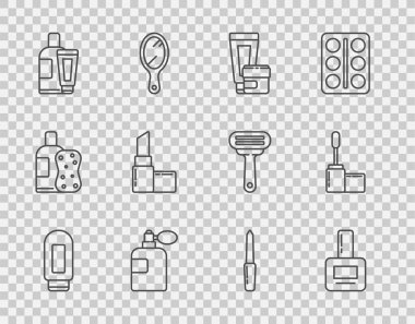 Krem ya da losyon kozmetik tüpü, tırnak cilası şişesi, parfüm, ruj, dosya ve Mascara fırça ikonu. Vektör