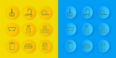 Kağıt havlu rulosu, küvet, şampuan şişesi, terleme önleyici deodorant, ıslak mendil, tırnak makası, diş ipi ve sabun ikonuyla el yıkama. Vektör