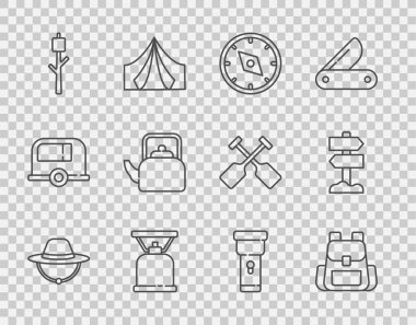 Kamp şapkası, yürüyüş sırt çantası, pusula, gaz sobası, lokumlu lokum, saplı kettle, el feneri ve trafik levhası ikonu. Vektör